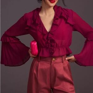 Anthropologie Purple Top Blouse Ruffle V-Neck Bell Sleeves